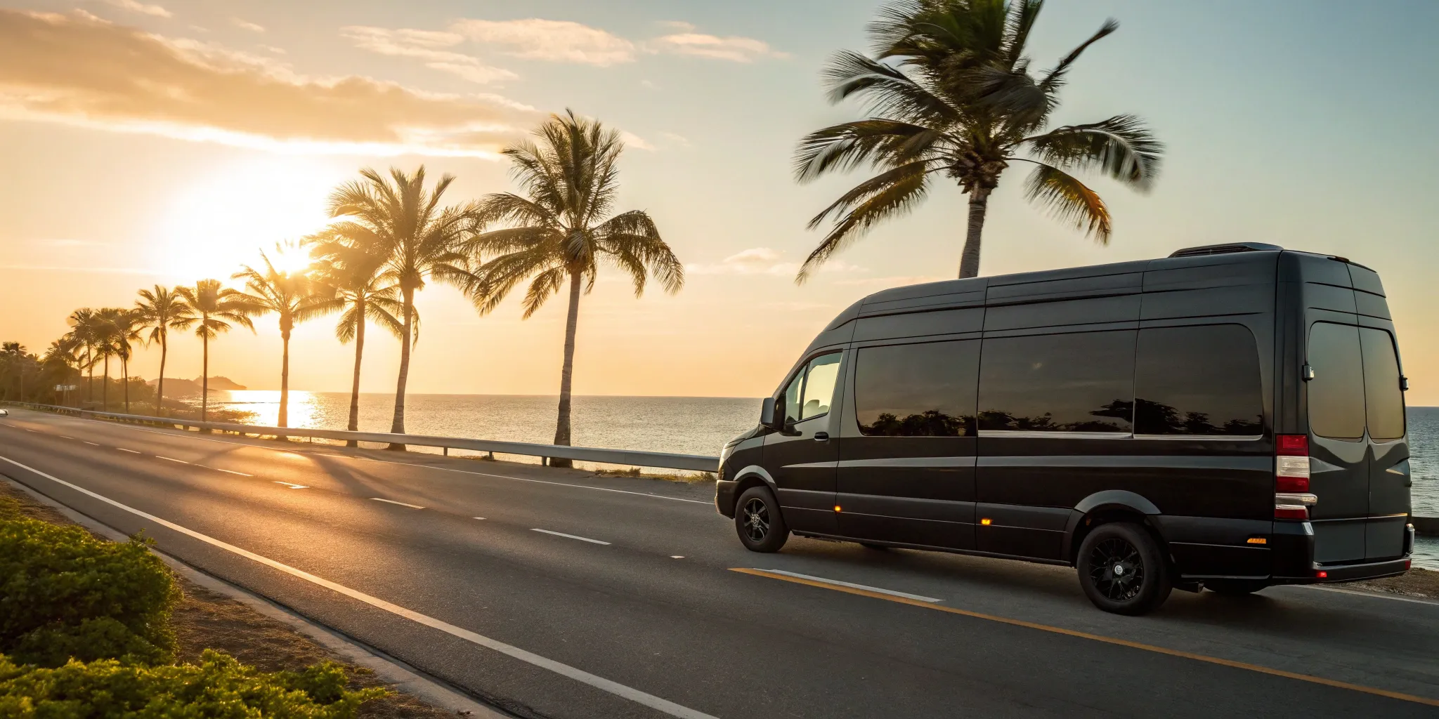 Port Canaveral transport: Black van on coastal road.