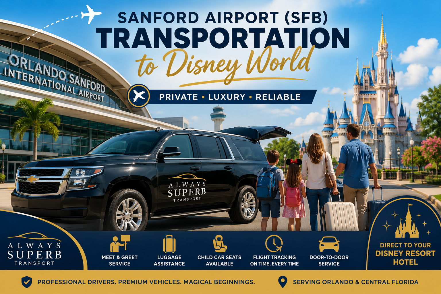 Sanford Airport (SFB) transportation to Disney World with private SUV shuttle service for families and groups.