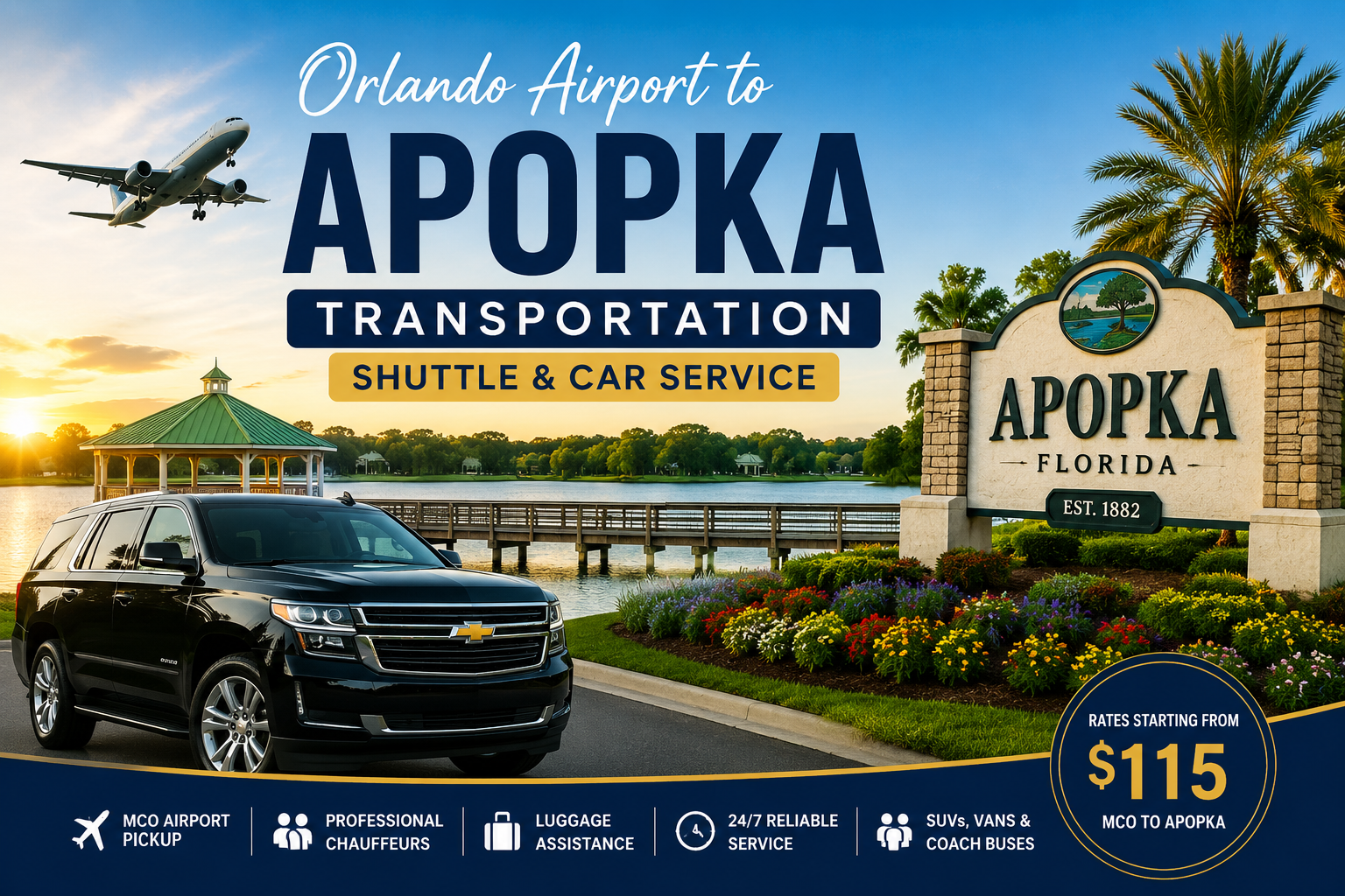Orlando Airport to Apopka transportation with black Chevrolet Suburban SUV and airport shuttle service in Apopka Florida